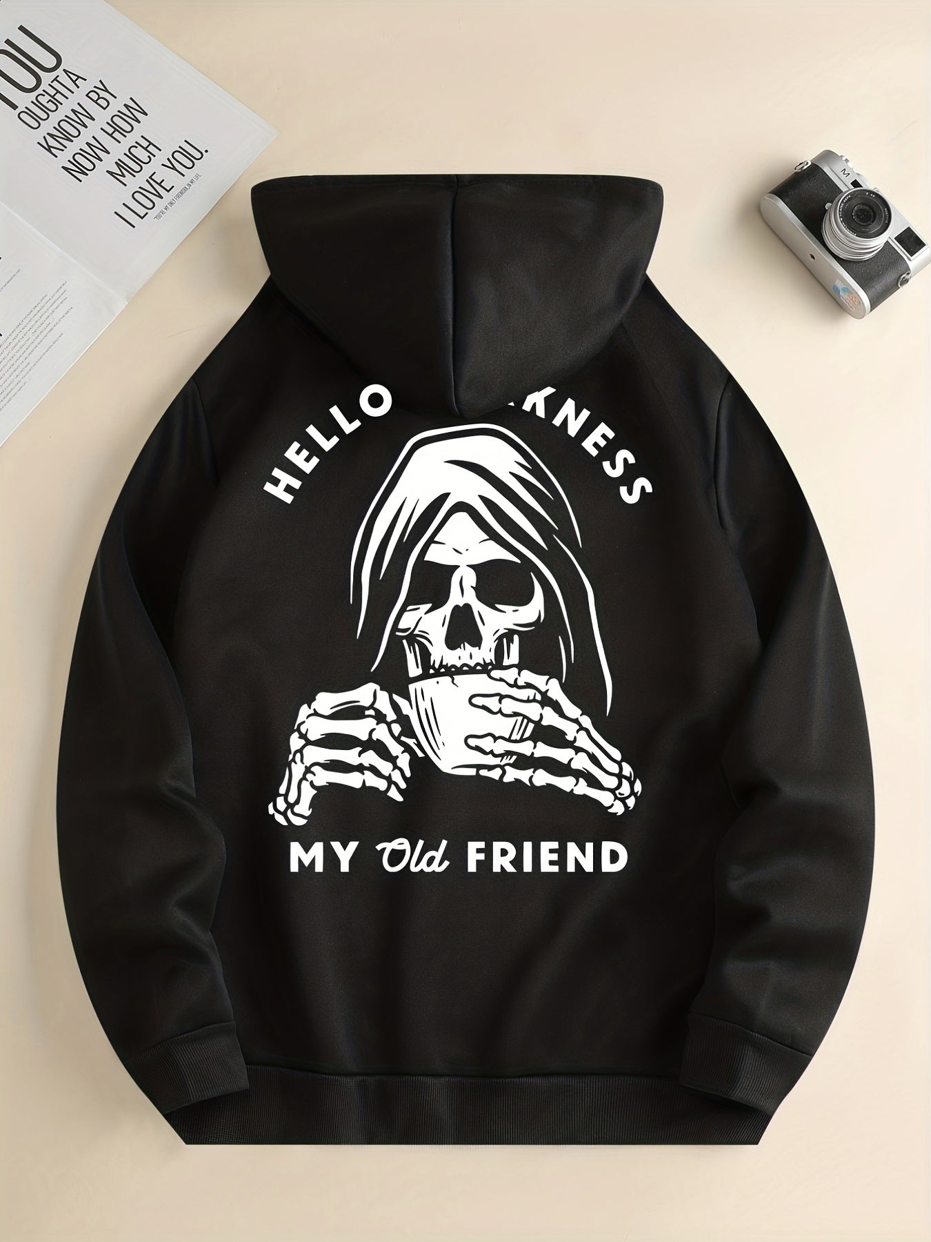 Skeleton Drink & My Old Friend Print Hoodie, Cool Hoodies For Men, Men's Casual Graphic Design Pullover Hooded Sweatshirt With Kangaroo Pocket Streetwear For Winter Fall, As Gifts Halloween