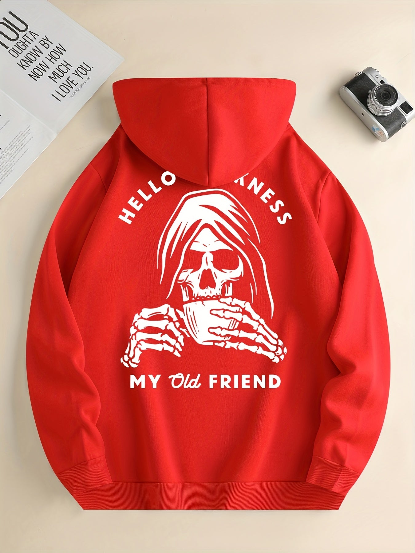 Skeleton Drink & My Old Friend Print Hoodie, Cool Hoodies For Men, Men's Casual Graphic Design Pullover Hooded Sweatshirt With Kangaroo Pocket Streetwear For Winter Fall, As Gifts Halloween