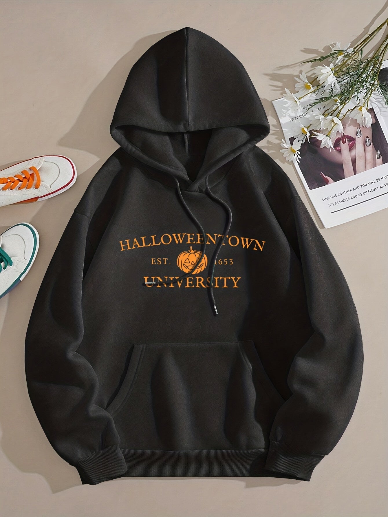 Halloween Pumpkin & Letter Print Hoodie, Vintage Drawstring Kangaroo Pocket Hoodies Sweatshirt, Women's Clothing