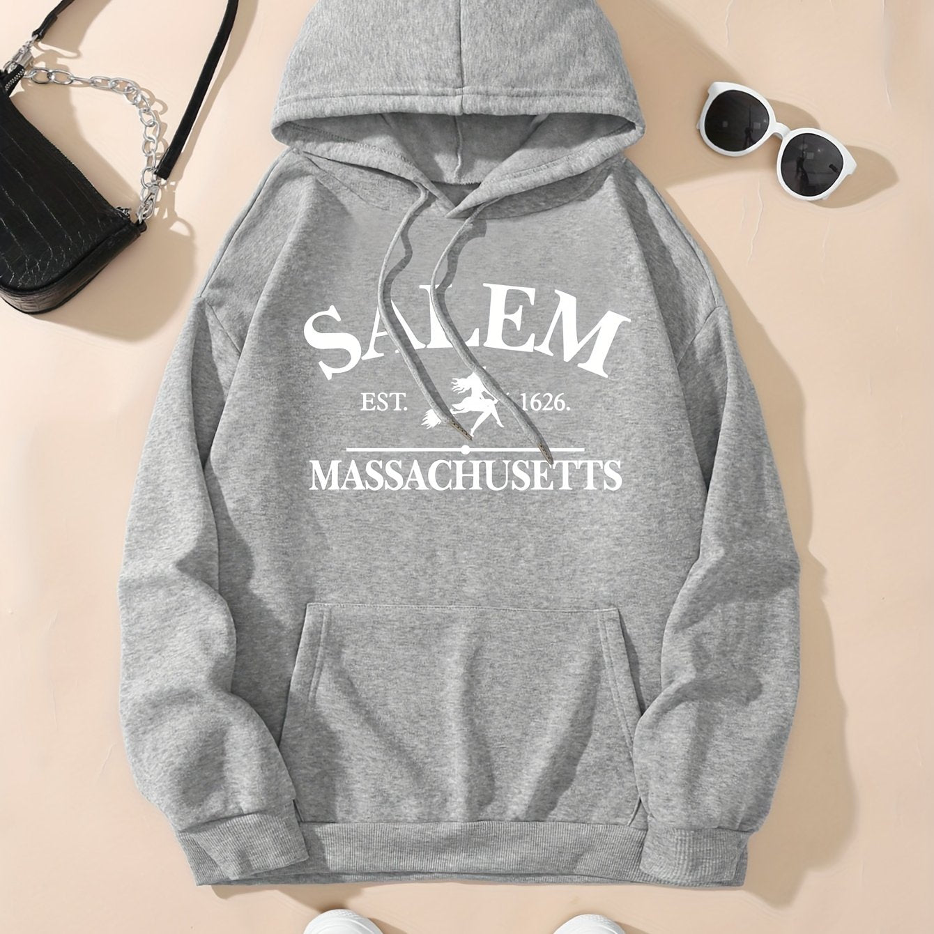 Halloween Flying Witch Print Hoodie, Vintage Drawstring Kangaroo Pocket Hoodies Sweatshirt, Women's Clothing