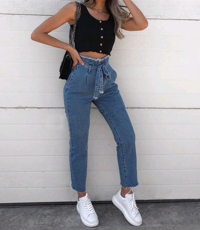 High-Waisted Washed Pencil Jeans