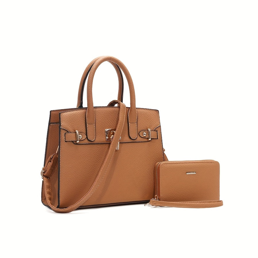 HJ Women's 2pcs Synthetic Handbag & Wallet Set - Solid Black Elegant Tote & Crossbody Work Bag with Golden-Tone Hardware, Adjustable Strap, Zipper Closure, Matching Wallet, Lining & Golden-Tone Hardware, Golden-Tone Hardware,