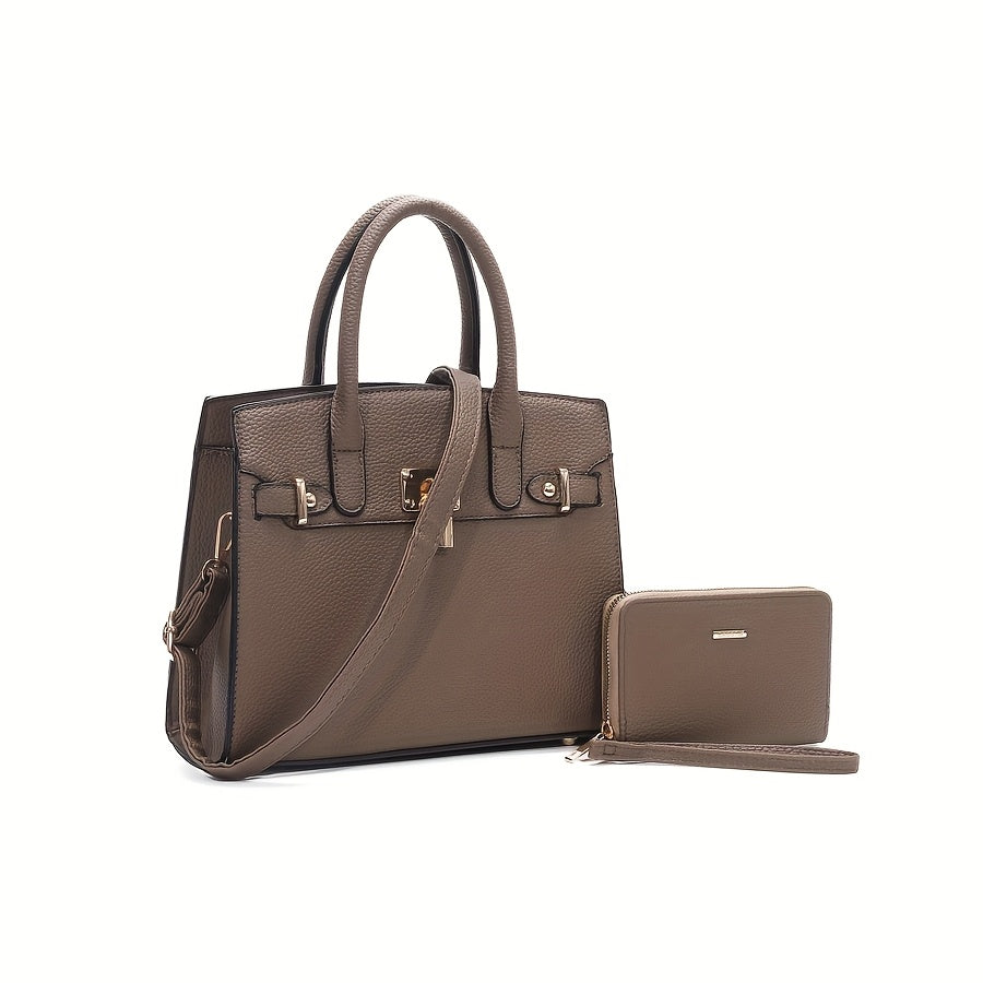 HJ Women's 2pcs Synthetic Handbag & Wallet Set - Solid Black Elegant Tote & Crossbody Work Bag with Golden-Tone Hardware, Adjustable Strap, Zipper Closure, Matching Wallet, Lining & Golden-Tone Hardware, Golden-Tone Hardware,