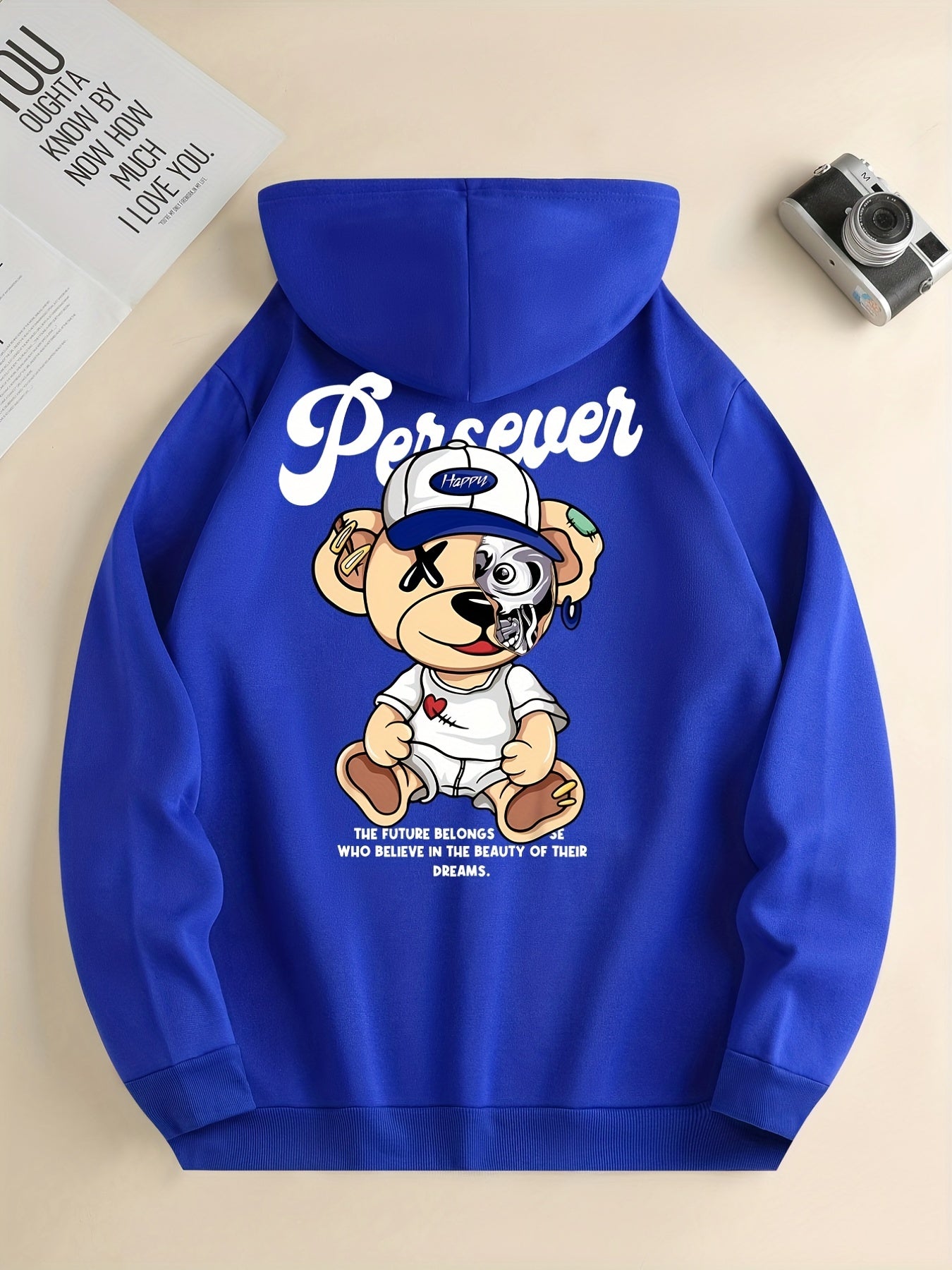 Cute Cartoon Bear With Hat Print Hoodie, Hoodies For Men, Men's Casual Graphic Design Pullover Hooded Sweatshirt With Kangaroo Pocket For Spring Fall, As Gifts