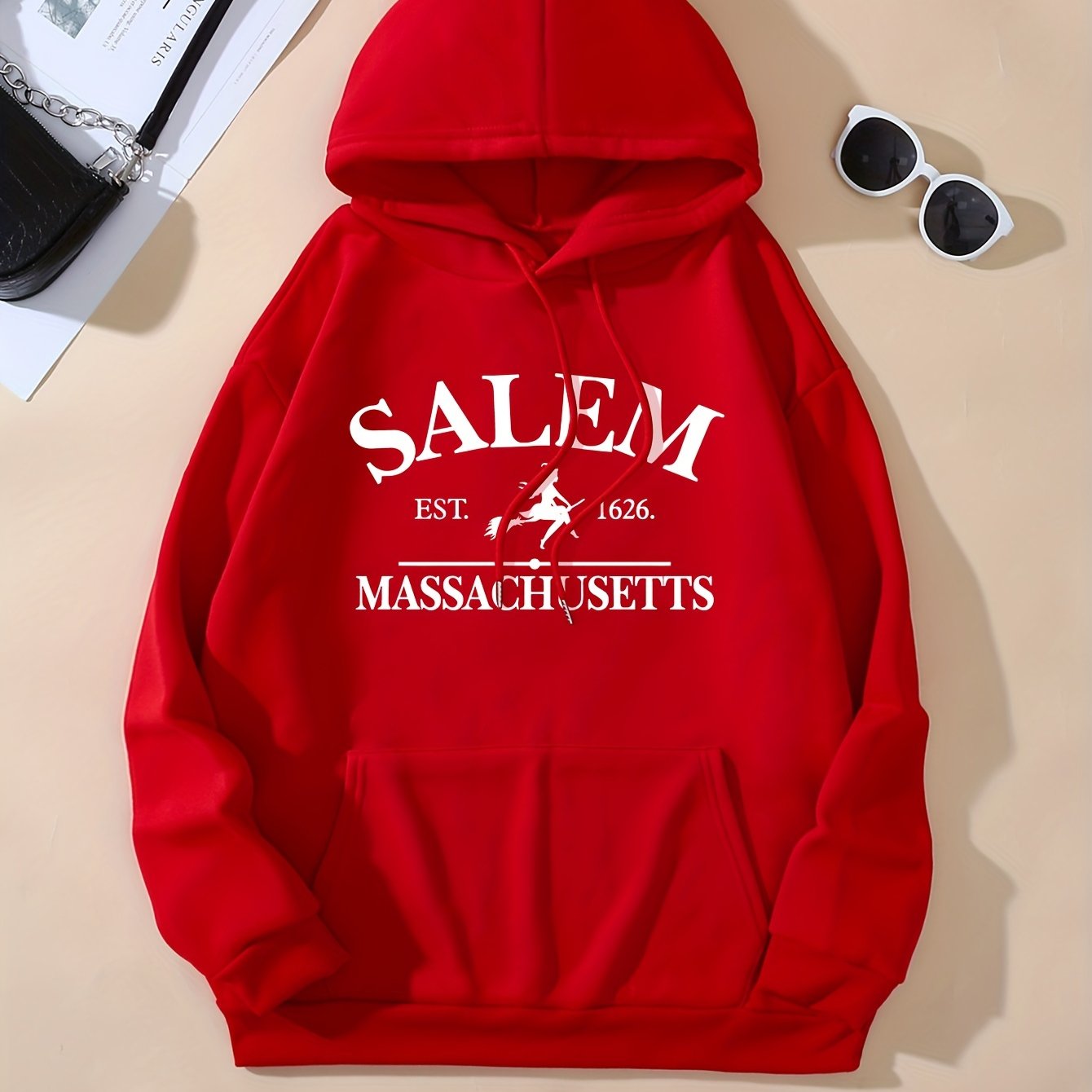 Halloween Flying Witch Print Hoodie, Vintage Drawstring Kangaroo Pocket Hoodies Sweatshirt, Women's Clothing