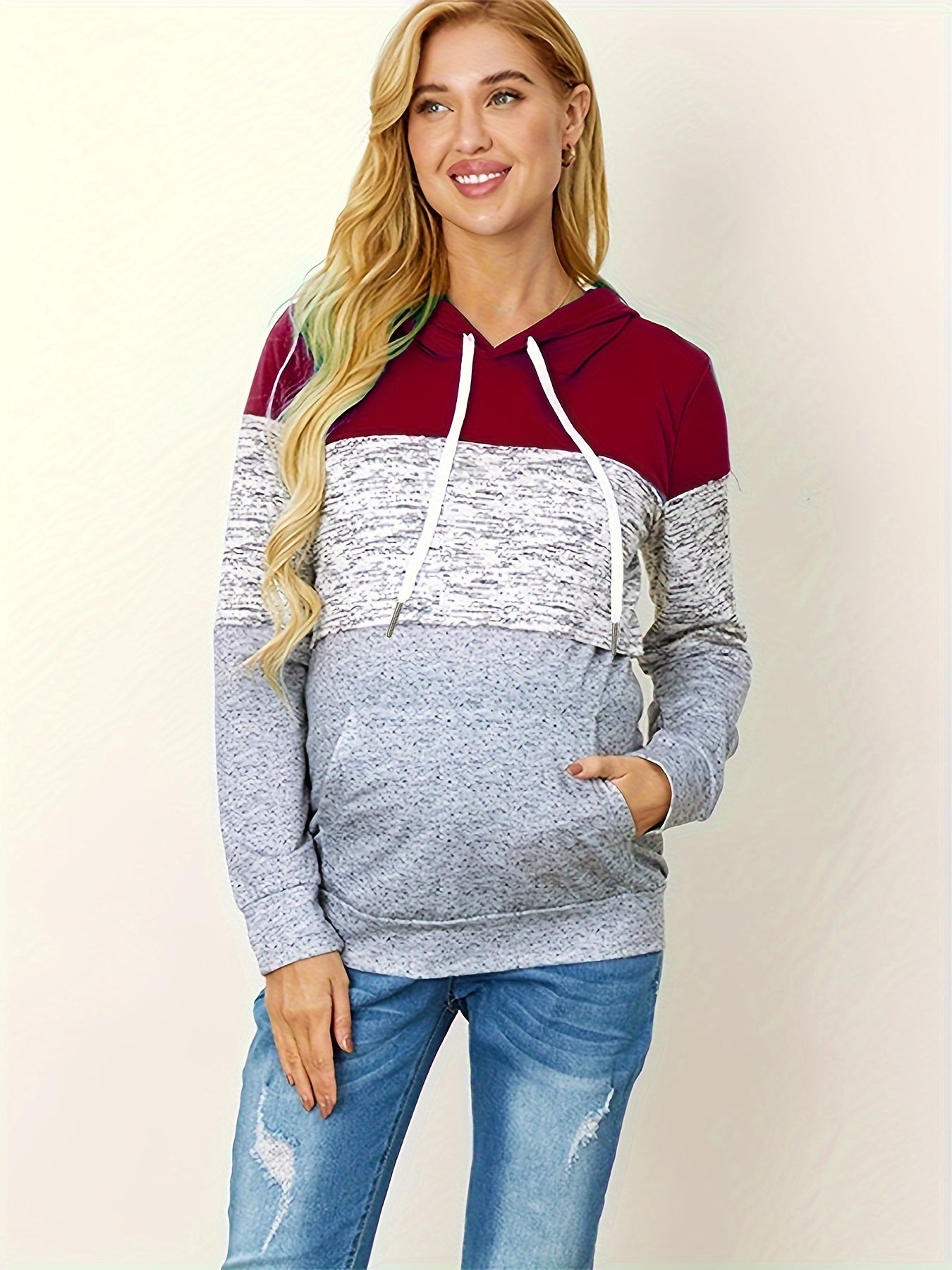 Women's Maternity Contrast Color Hooded Sweatshirt For Fall Winter, Fashion Casual Patchwork Breast Feeding Hoodies, Pregnant Women's Clothing