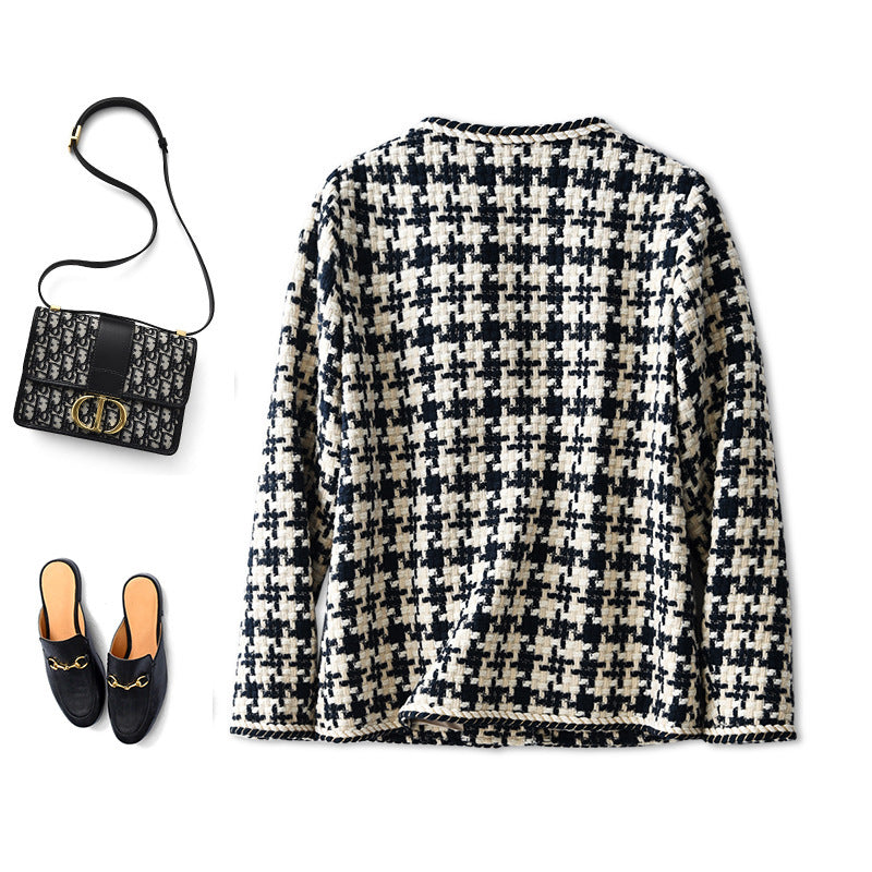 Women's Houndstooth Elegance Jacket – Round Neck, Casual Chic