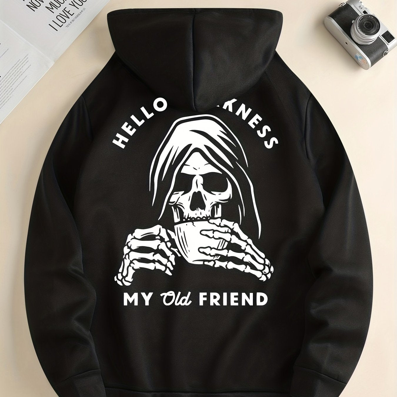 Skeleton Drink & My Old Friend Print Hoodie, Cool Hoodies For Men, Men's Casual Graphic Design Pullover Hooded Sweatshirt With Kangaroo Pocket Streetwear For Winter Fall, As Gifts Halloween