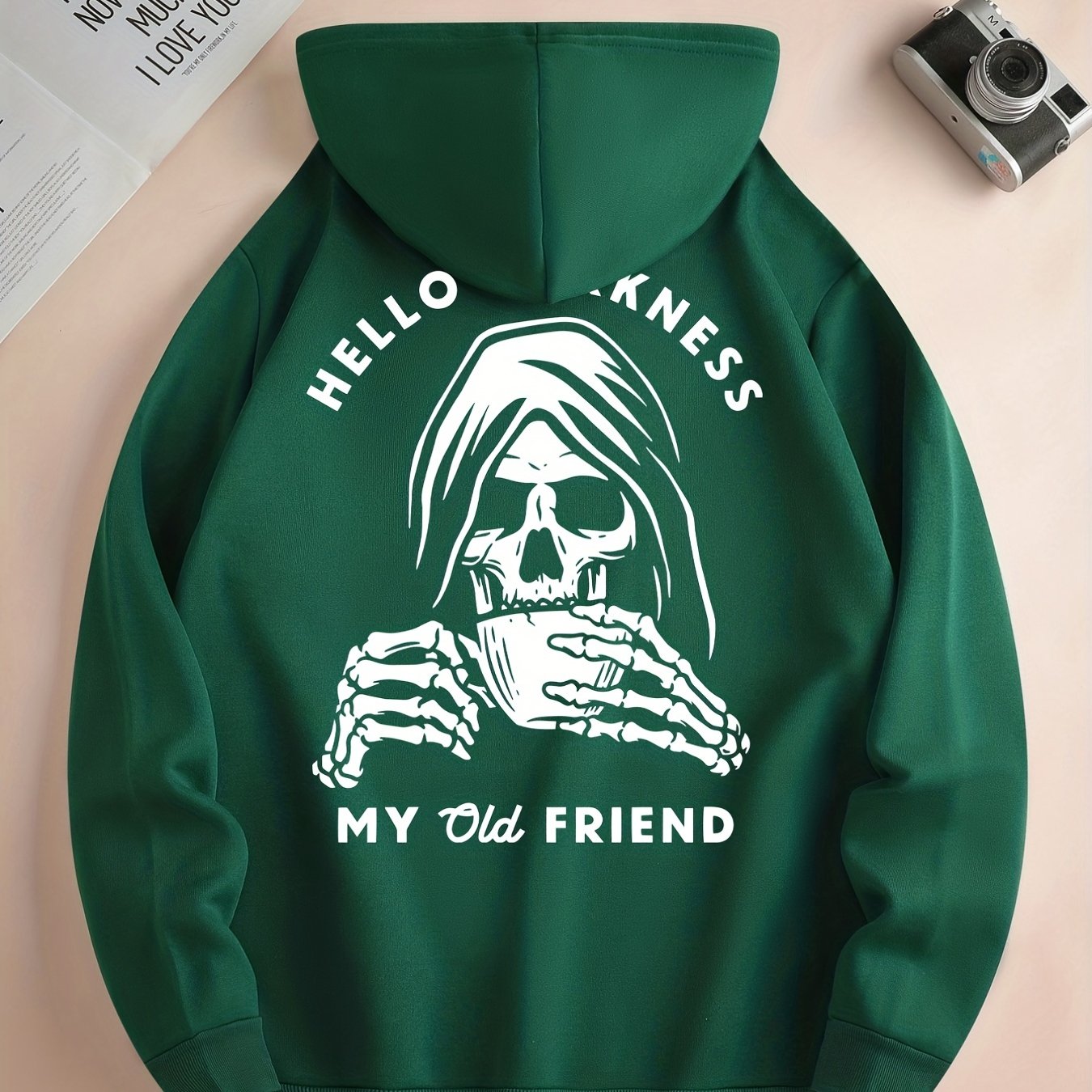Skeleton Drink & My Old Friend Print Hoodie, Cool Hoodies For Men, Men's Casual Graphic Design Pullover Hooded Sweatshirt With Kangaroo Pocket Streetwear For Winter Fall, As Gifts Halloween