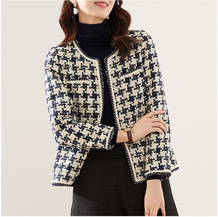 Women's Houndstooth Elegance Jacket – Round Neck, Casual Chic