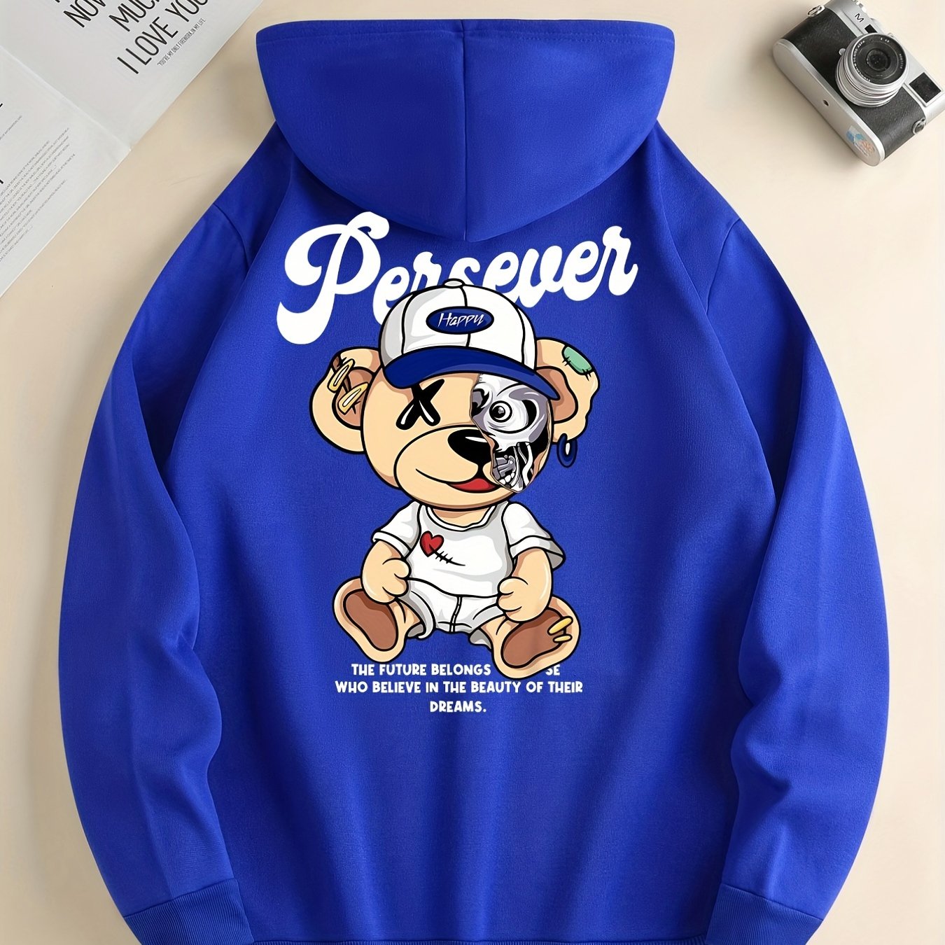 Cute Cartoon Bear With Hat Print Hoodie, Hoodies For Men, Men's Casual Graphic Design Pullover Hooded Sweatshirt With Kangaroo Pocket For Spring Fall, As Gifts