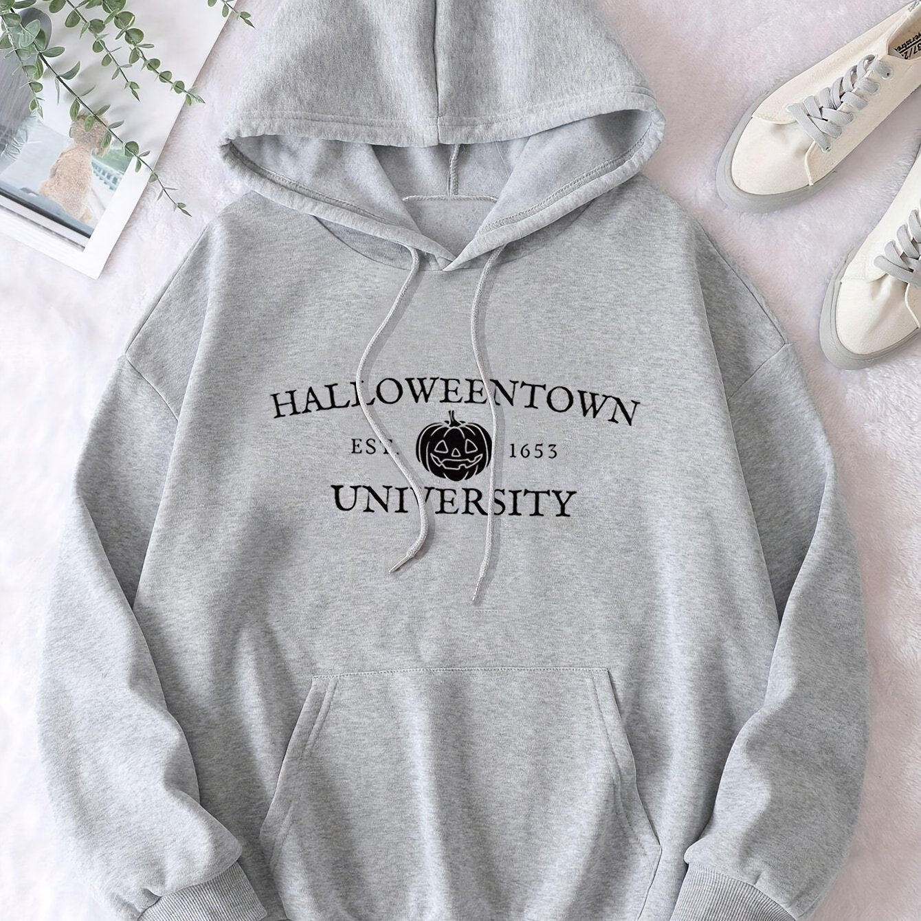 Halloween Pumpkin & Letter Print Hoodie, Vintage Drawstring Kangaroo Pocket Hoodies Sweatshirt, Women's Clothing