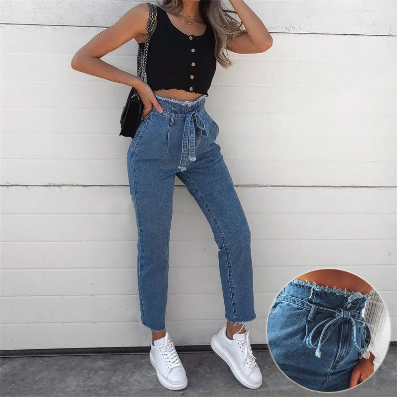 High-Waisted Washed Pencil Jeans