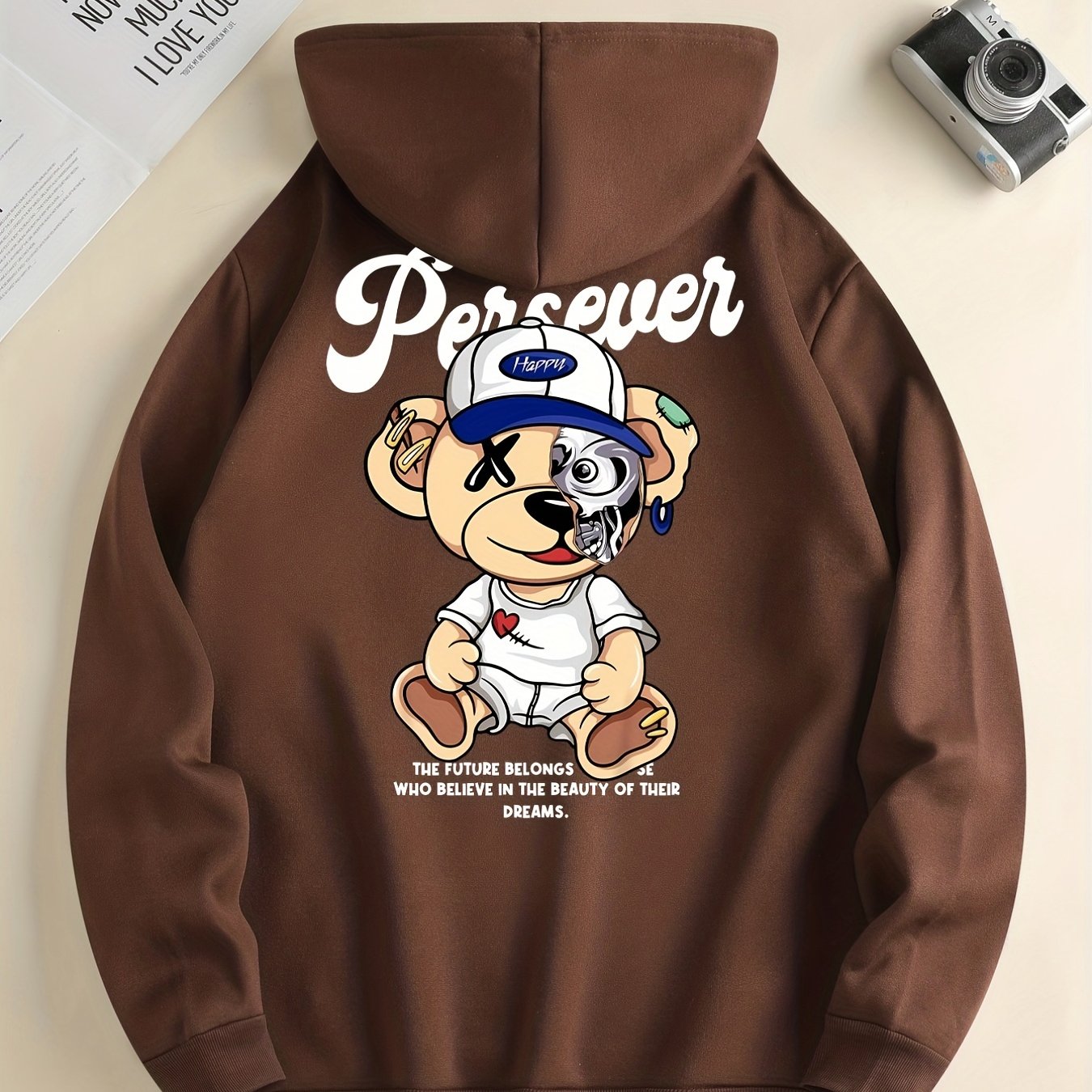 Cute Cartoon Bear With Hat Print Hoodie, Hoodies For Men, Men's Casual Graphic Design Pullover Hooded Sweatshirt With Kangaroo Pocket For Spring Fall, As Gifts