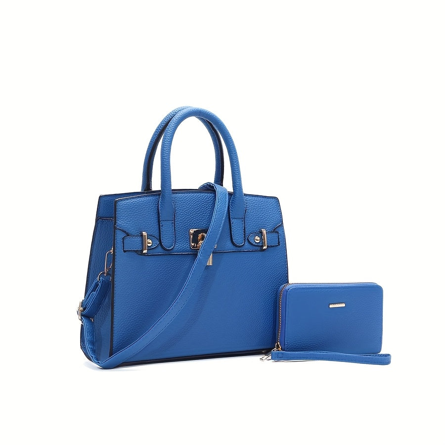 HJ Women's 2pcs Synthetic Handbag & Wallet Set - Solid Black Elegant Tote & Crossbody Work Bag with Golden-Tone Hardware, Adjustable Strap, Zipper Closure, Matching Wallet, Lining & Golden-Tone Hardware, Golden-Tone Hardware,