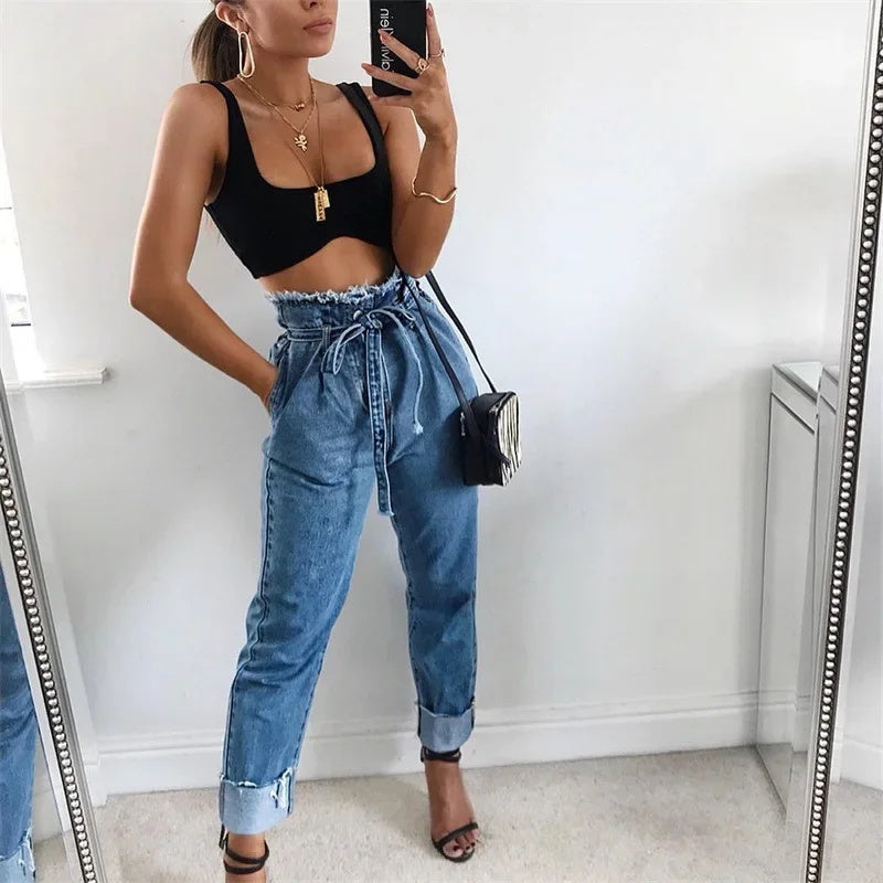 High-Waisted Washed Pencil Jeans