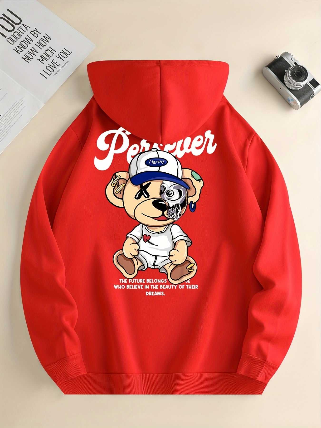 Cute Cartoon Bear With Hat Print Hoodie, Hoodies For Men, Men's Casual Graphic Design Pullover Hooded Sweatshirt With Kangaroo Pocket For Spring Fall, As Gifts