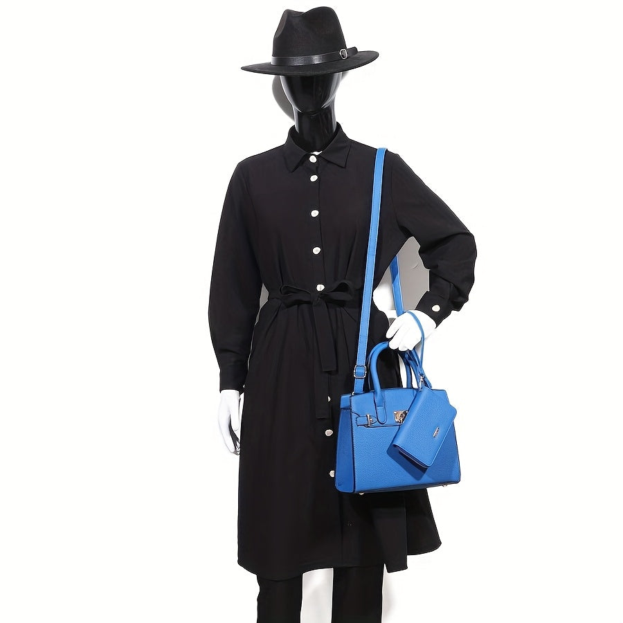 HJ Women's 2pcs Synthetic Handbag & Wallet Set - Solid Black Elegant Tote & Crossbody Work Bag with Golden-Tone Hardware, Adjustable Strap, Zipper Closure, Matching Wallet, Lining & Golden-Tone Hardware, Golden-Tone Hardware,