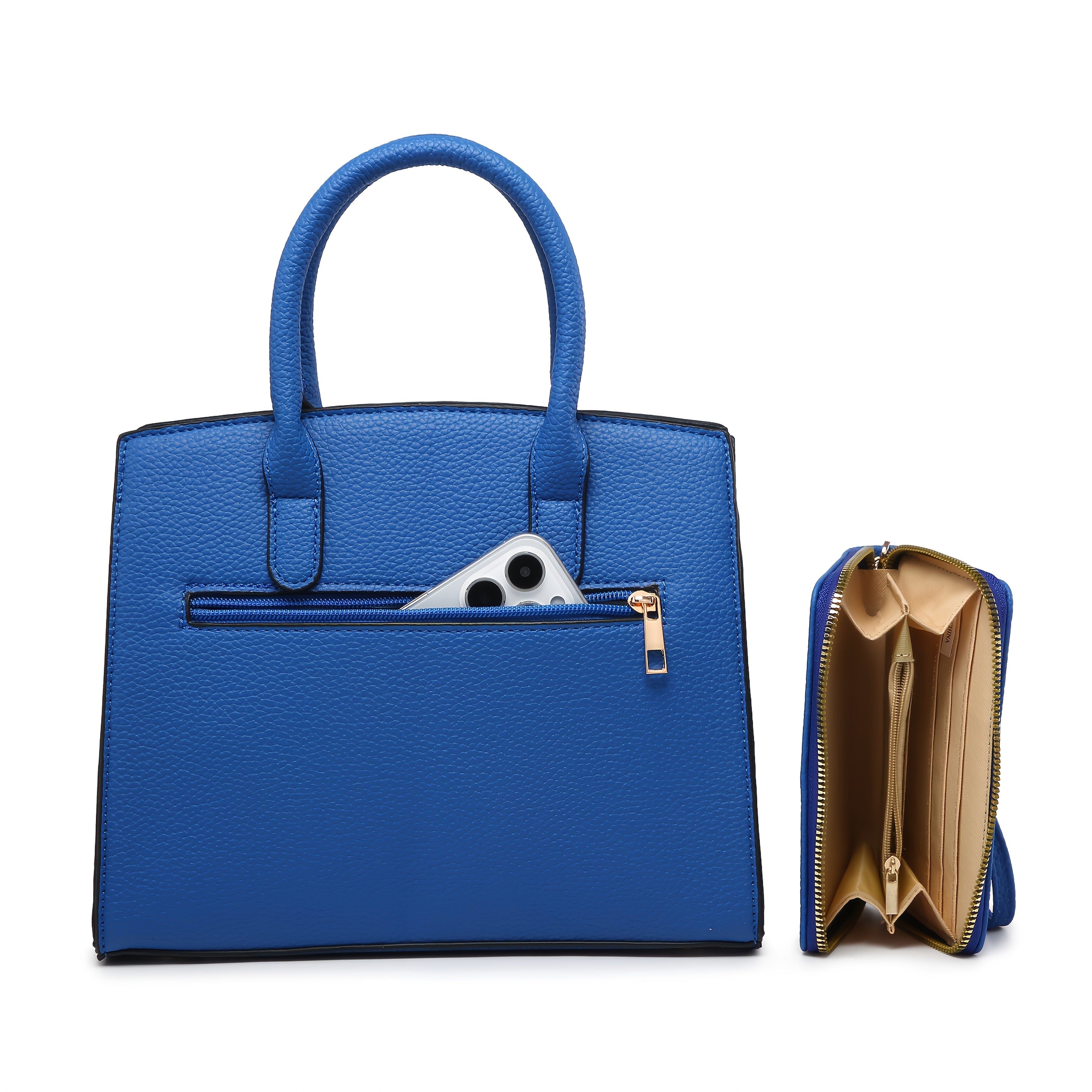 HJ Women's 2pcs Synthetic Handbag & Wallet Set - Solid Black Elegant Tote & Crossbody Work Bag with Golden-Tone Hardware, Adjustable Strap, Zipper Closure, Matching Wallet, Lining & Golden-Tone Hardware, Golden-Tone Hardware,