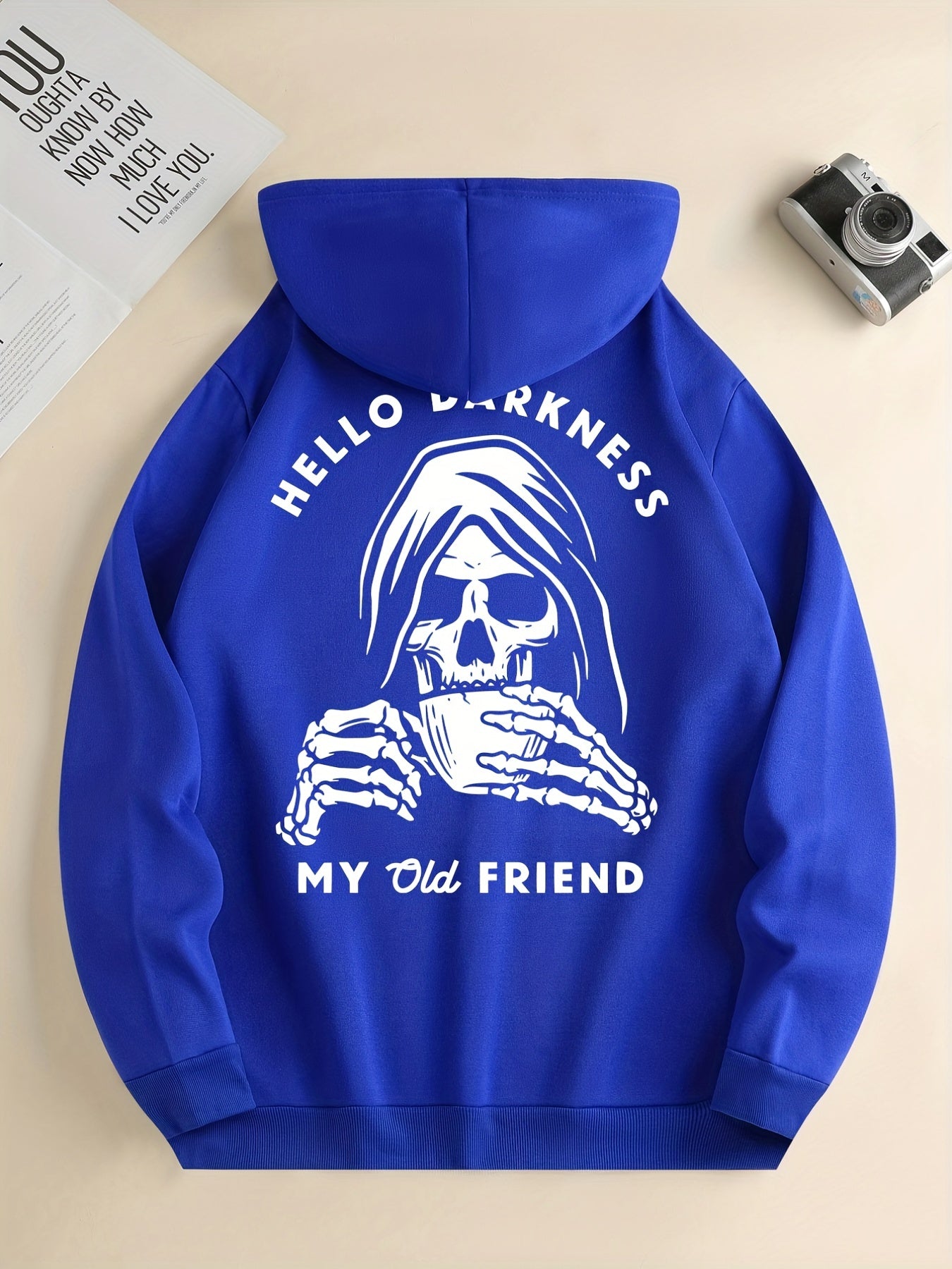 Skeleton Drink & My Old Friend Print Hoodie, Cool Hoodies For Men, Men's Casual Graphic Design Pullover Hooded Sweatshirt With Kangaroo Pocket Streetwear For Winter Fall, As Gifts Halloween