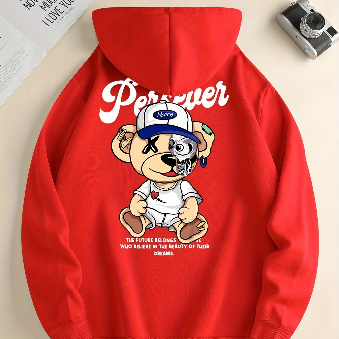 Cute Cartoon Bear With Hat Print Hoodie, Hoodies For Men, Men's Casual Graphic Design Pullover Hooded Sweatshirt With Kangaroo Pocket For Spring Fall, As Gifts