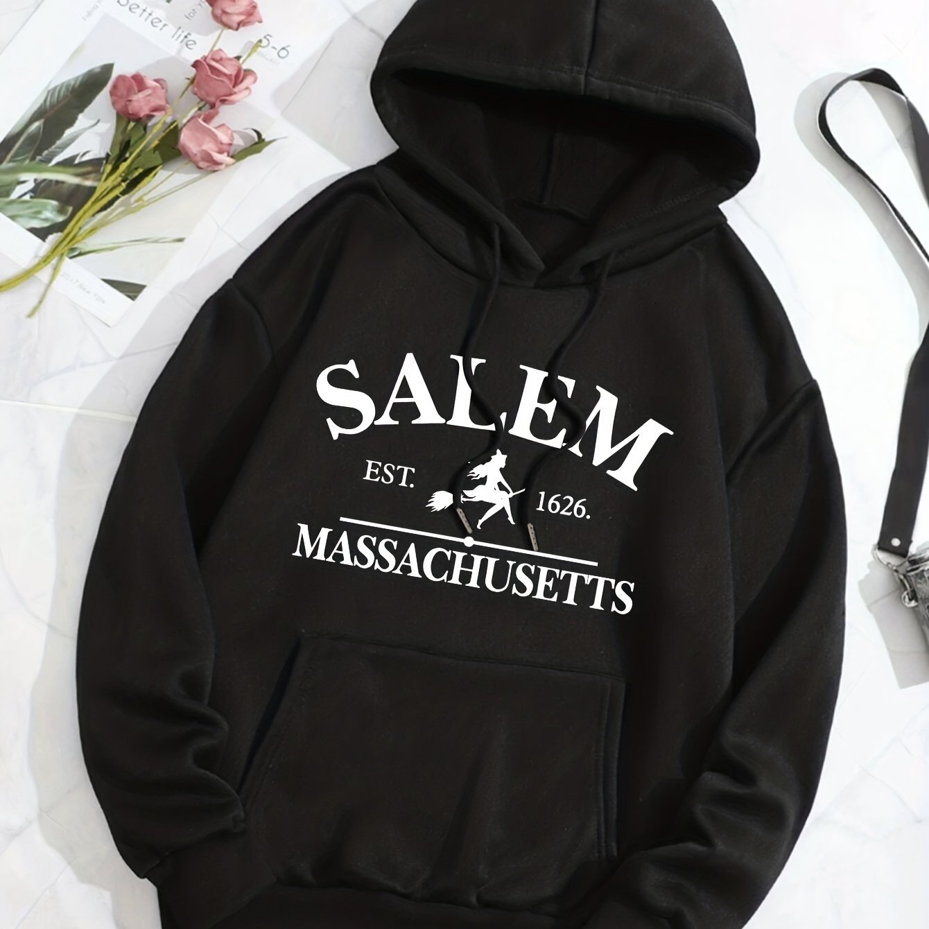 Halloween Flying Witch Print Hoodie, Vintage Drawstring Kangaroo Pocket Hoodies Sweatshirt, Women's Clothing