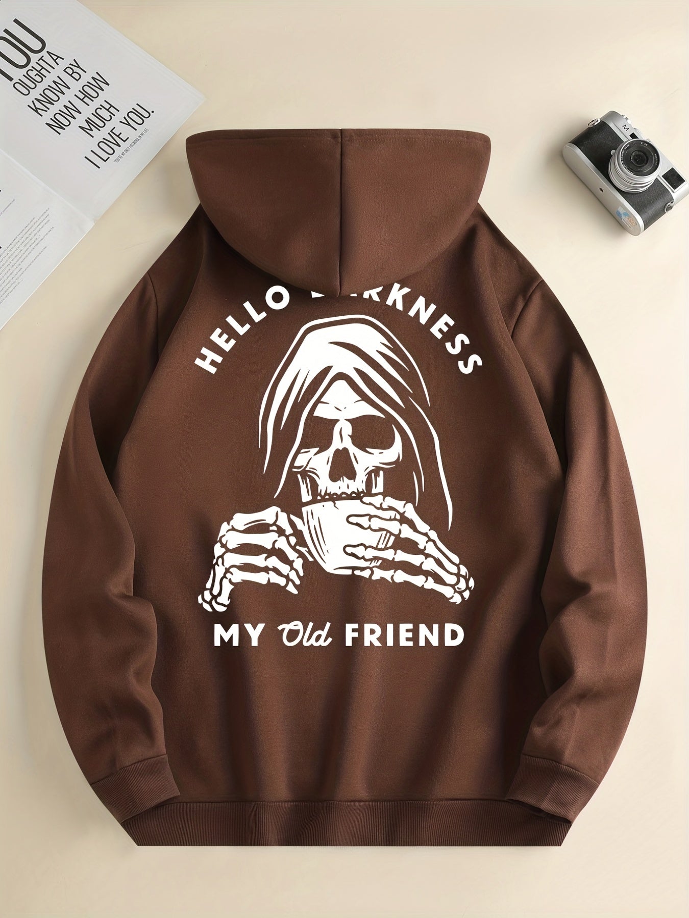 Skeleton Drink & My Old Friend Print Hoodie, Cool Hoodies For Men, Men's Casual Graphic Design Pullover Hooded Sweatshirt With Kangaroo Pocket Streetwear For Winter Fall, As Gifts Halloween