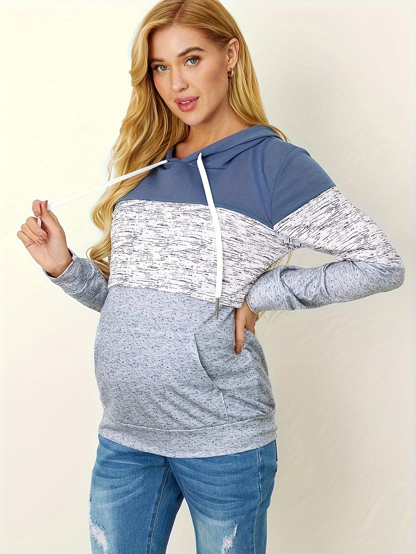 Women's Maternity Contrast Color Hooded Sweatshirt For Fall Winter, Fashion Casual Patchwork Breast Feeding Hoodies, Pregnant Women's Clothing