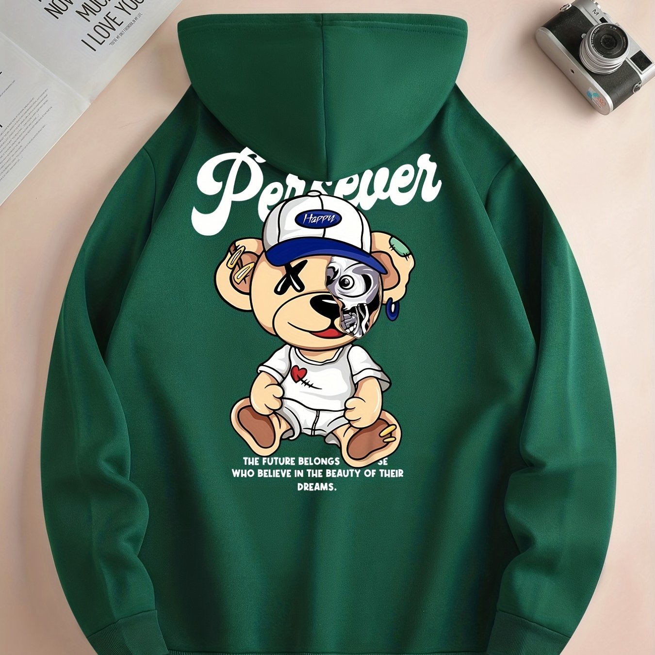 Cute Cartoon Bear With Hat Print Hoodie, Hoodies For Men, Men's Casual Graphic Design Pullover Hooded Sweatshirt With Kangaroo Pocket For Spring Fall, As Gifts