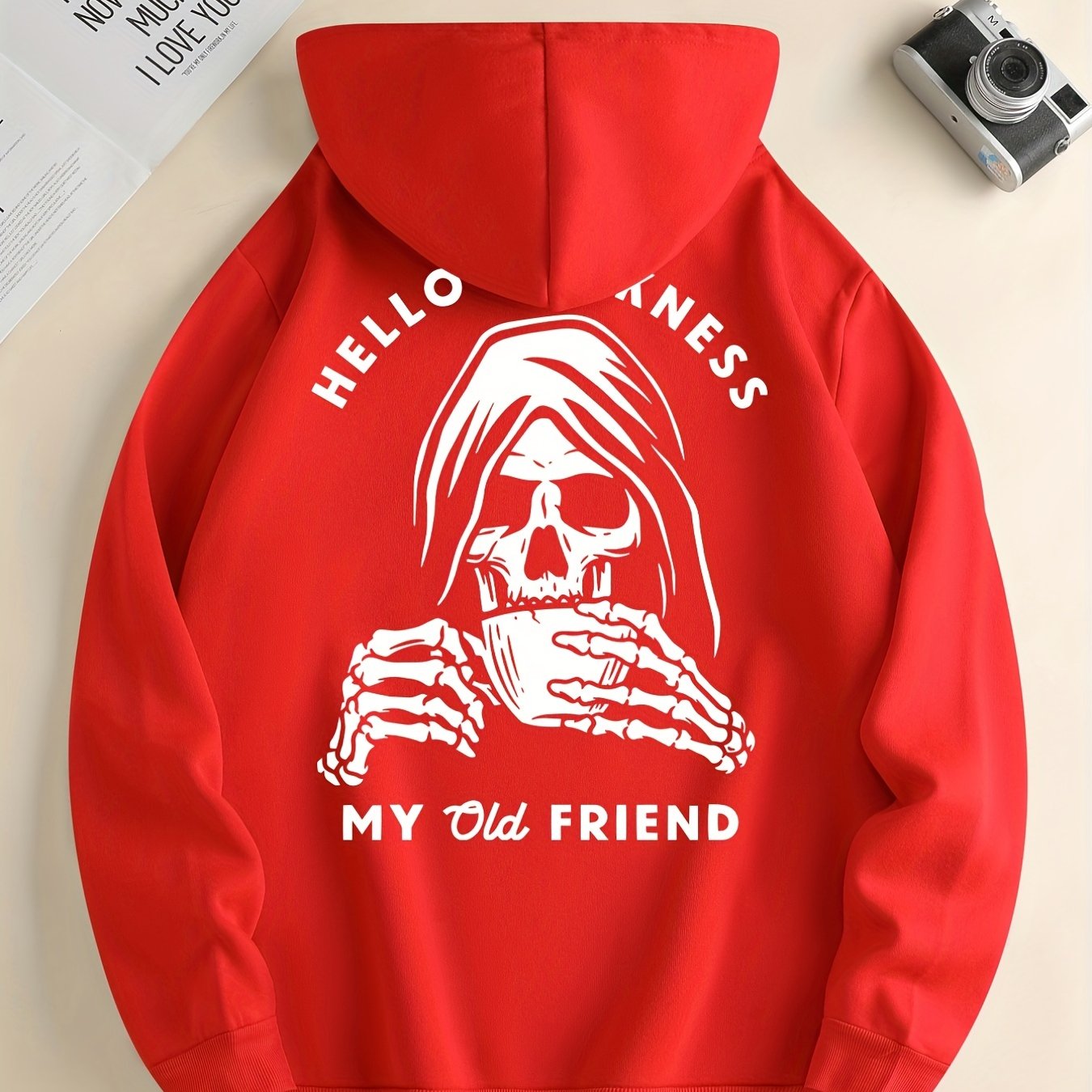Skeleton Drink & My Old Friend Print Hoodie, Cool Hoodies For Men, Men's Casual Graphic Design Pullover Hooded Sweatshirt With Kangaroo Pocket Streetwear For Winter Fall, As Gifts Halloween
