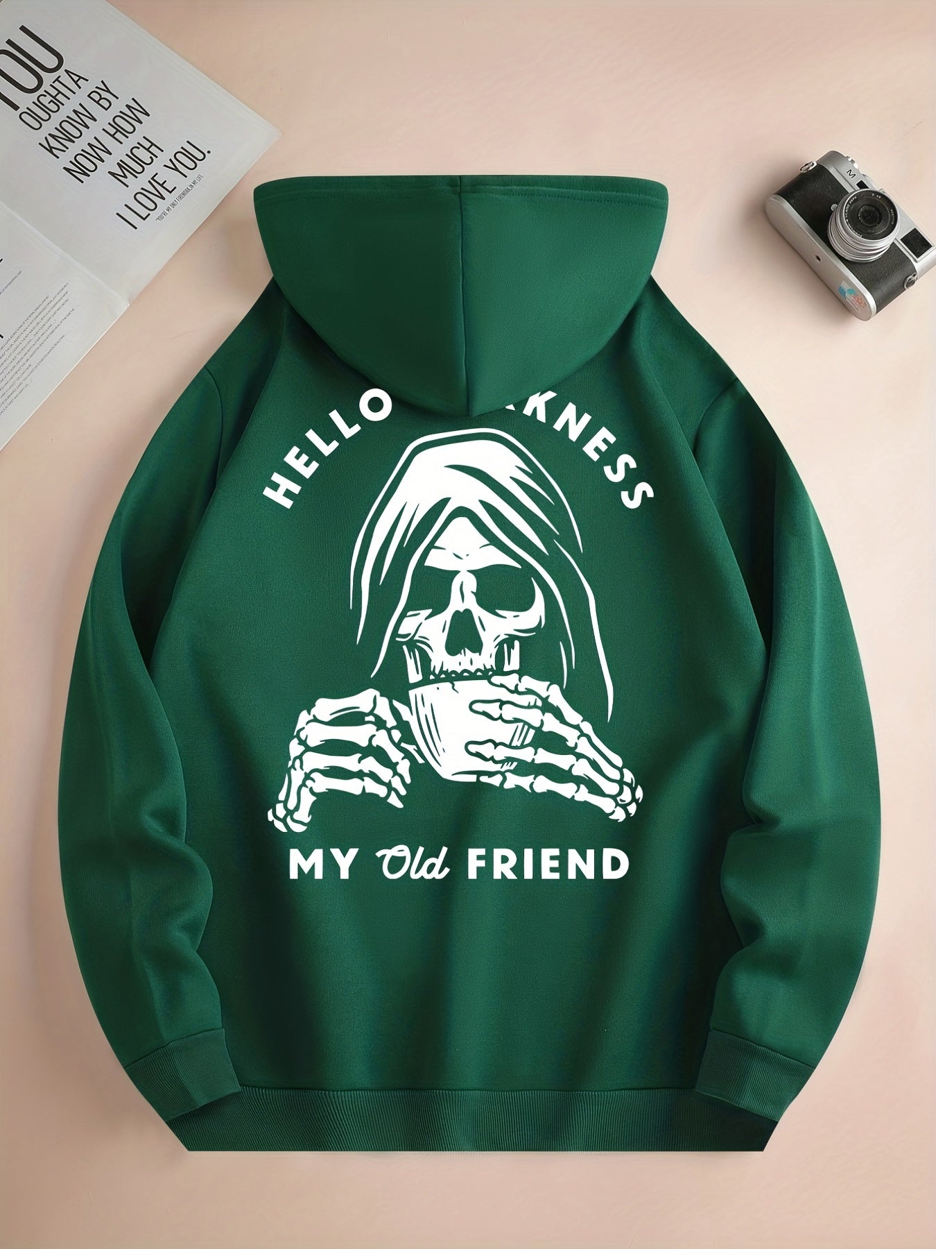 Skeleton Drink & My Old Friend Print Hoodie, Cool Hoodies For Men, Men's Casual Graphic Design Pullover Hooded Sweatshirt With Kangaroo Pocket Streetwear For Winter Fall, As Gifts Halloween