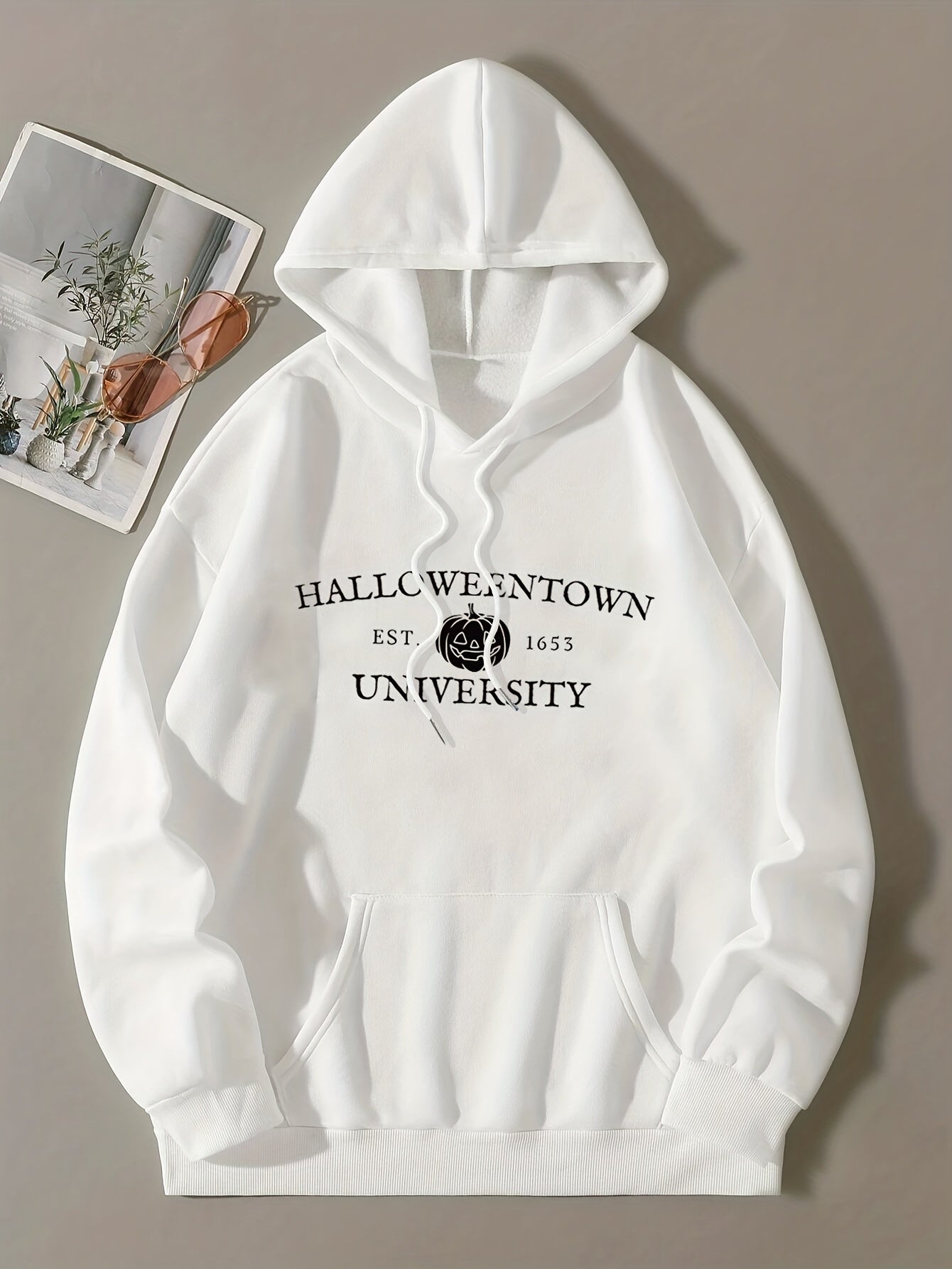 Halloween Pumpkin & Letter Print Hoodie, Vintage Drawstring Kangaroo Pocket Hoodies Sweatshirt, Women's Clothing