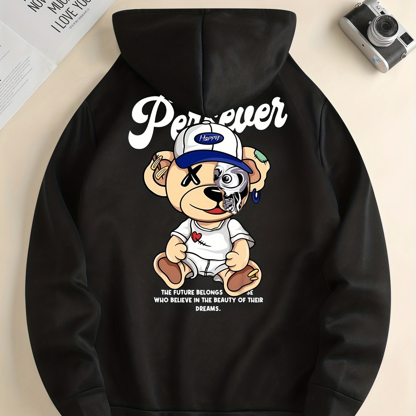 Cute Cartoon Bear With Hat Print Hoodie, Hoodies For Men, Men's Casual Graphic Design Pullover Hooded Sweatshirt With Kangaroo Pocket For Spring Fall, As Gifts