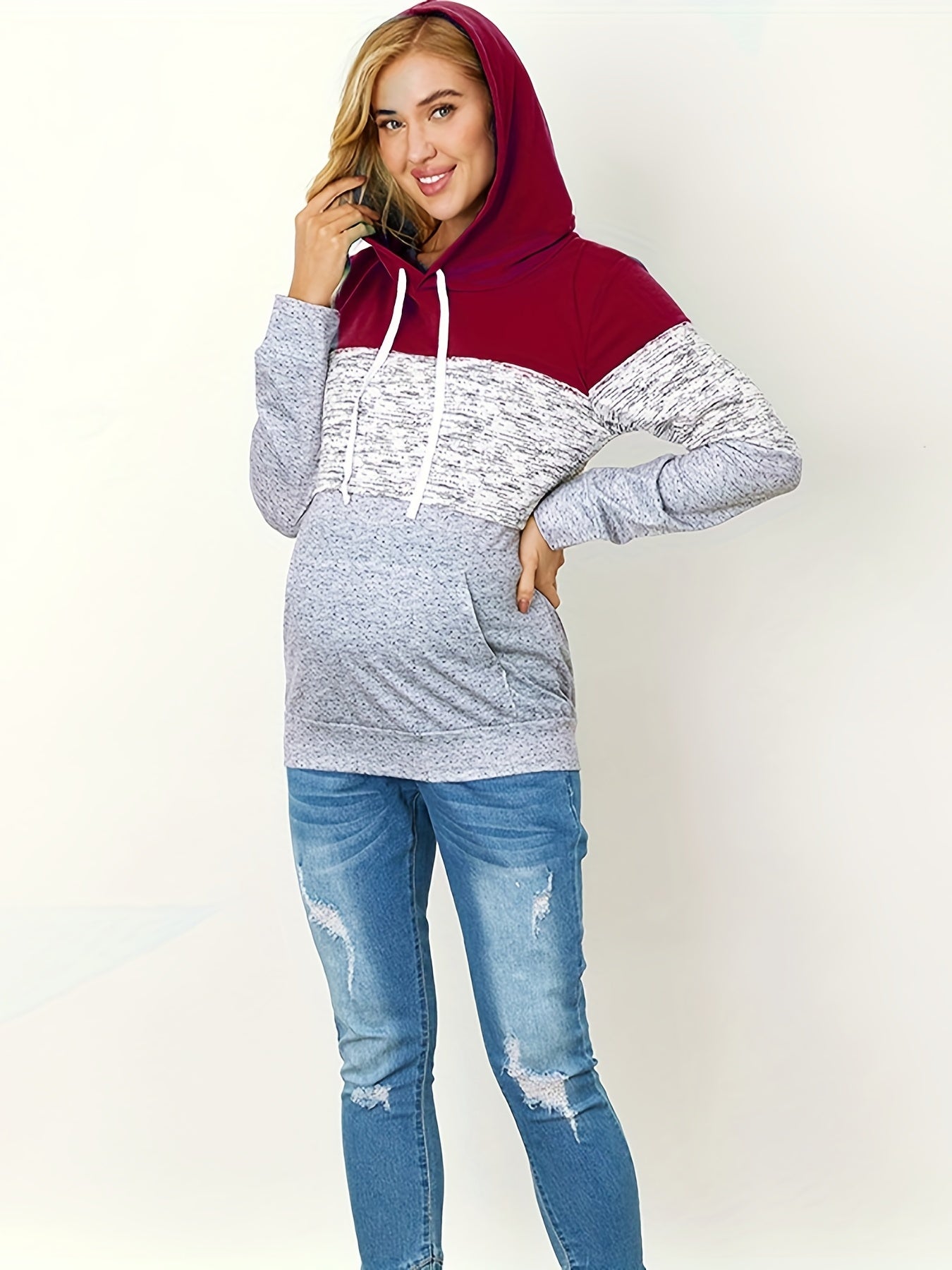 Women's Maternity Contrast Color Hooded Sweatshirt For Fall Winter, Fashion Casual Patchwork Breast Feeding Hoodies, Pregnant Women's Clothing