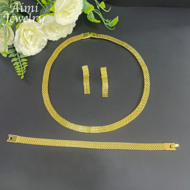 Necklace Earrings Bracelet Simple 18K Gold Plated Jewelry Set for Women Italian Jewellery Set Bridal Wedding African Party Gifts