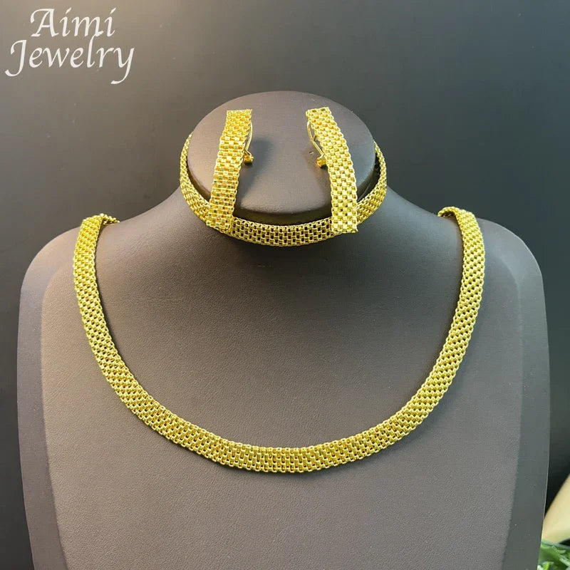 Necklace Earrings Bracelet Simple 18K Gold Plated Jewelry Set for Women Italian Jewellery Set Bridal Wedding African Party Gifts