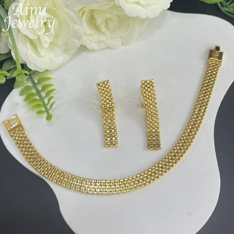 Necklace Earrings Bracelet Simple 18K Gold Plated Jewelry Set for Women Italian Jewellery Set Bridal Wedding African Party Gifts