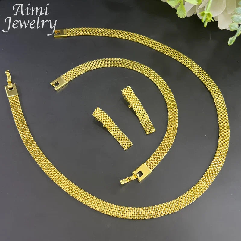 Necklace Earrings Bracelet Simple 18K Gold Plated Jewelry Set for Women Italian Jewellery Set Bridal Wedding African Party Gifts