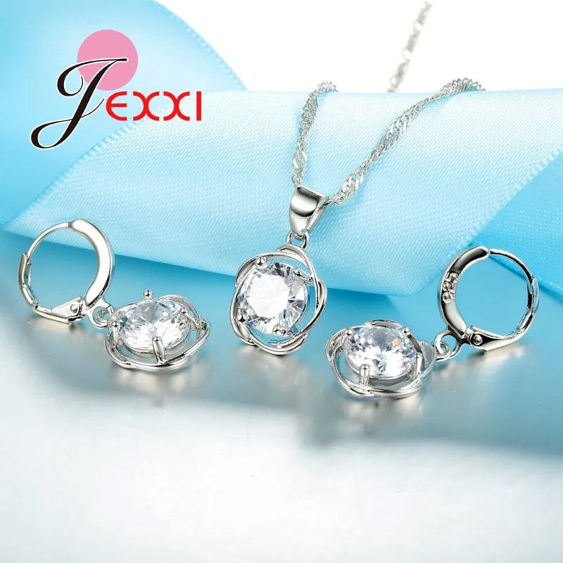 Silver Jewelry Set For Women  Fashion Element Austrian Crystal Pendant Necklaces Hoop Earrings Bridal Jewellery Sets