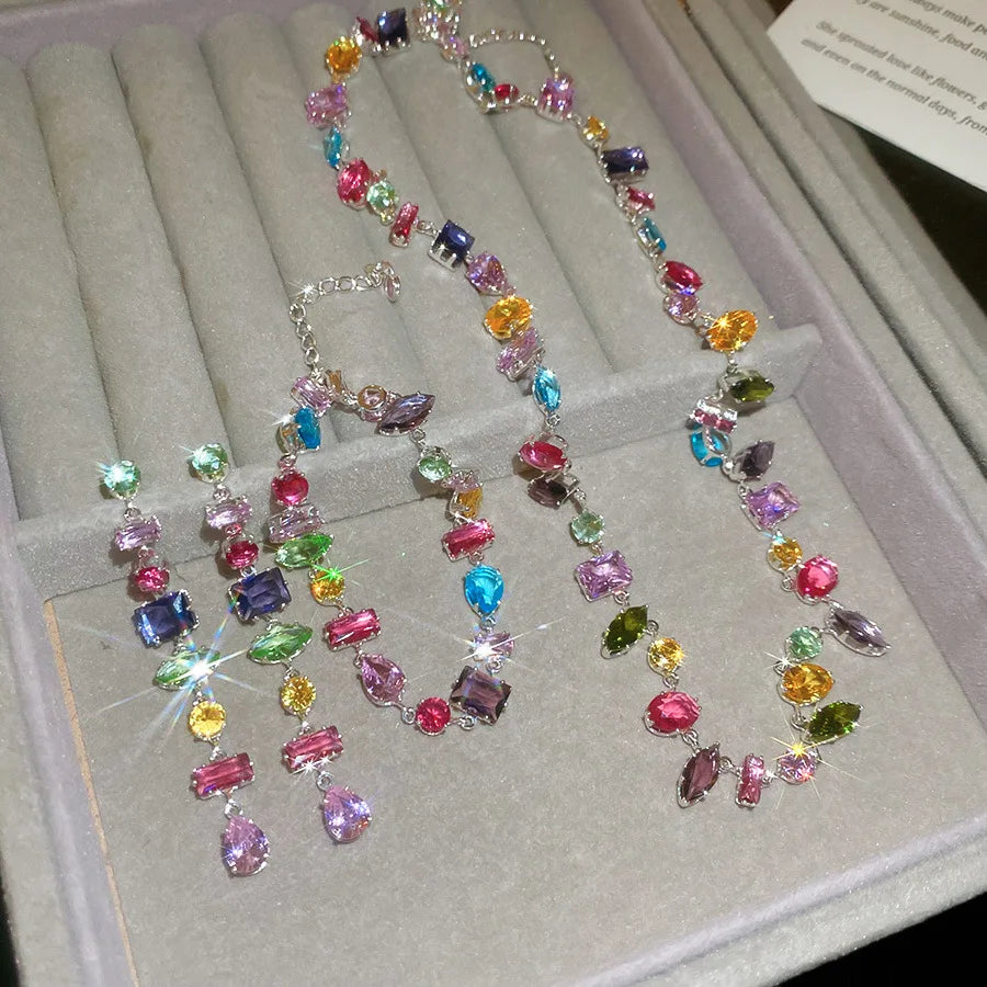 Brand 18K Gold Plated New Luxury Colourful Crystal Zircon Necklace For Women Fashion Party Jewelry Accessories Ladies Jewellery