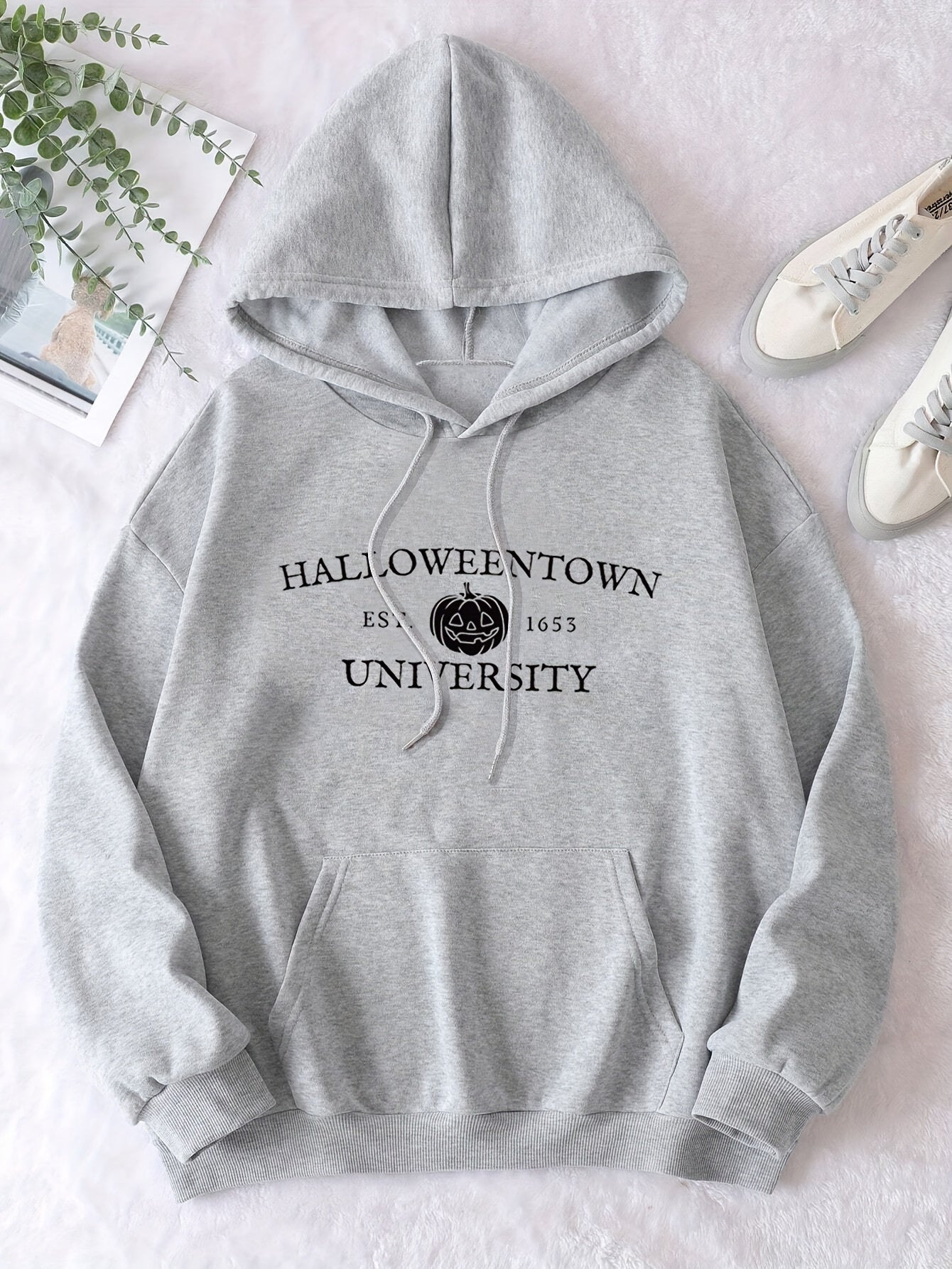 Halloween Pumpkin & Letter Print Hoodie, Vintage Drawstring Kangaroo Pocket Hoodies Sweatshirt, Women's Clothing