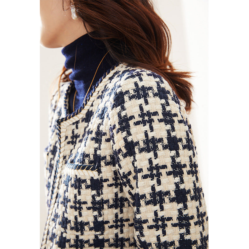 Women's Houndstooth Elegance Jacket – Round Neck, Casual Chic