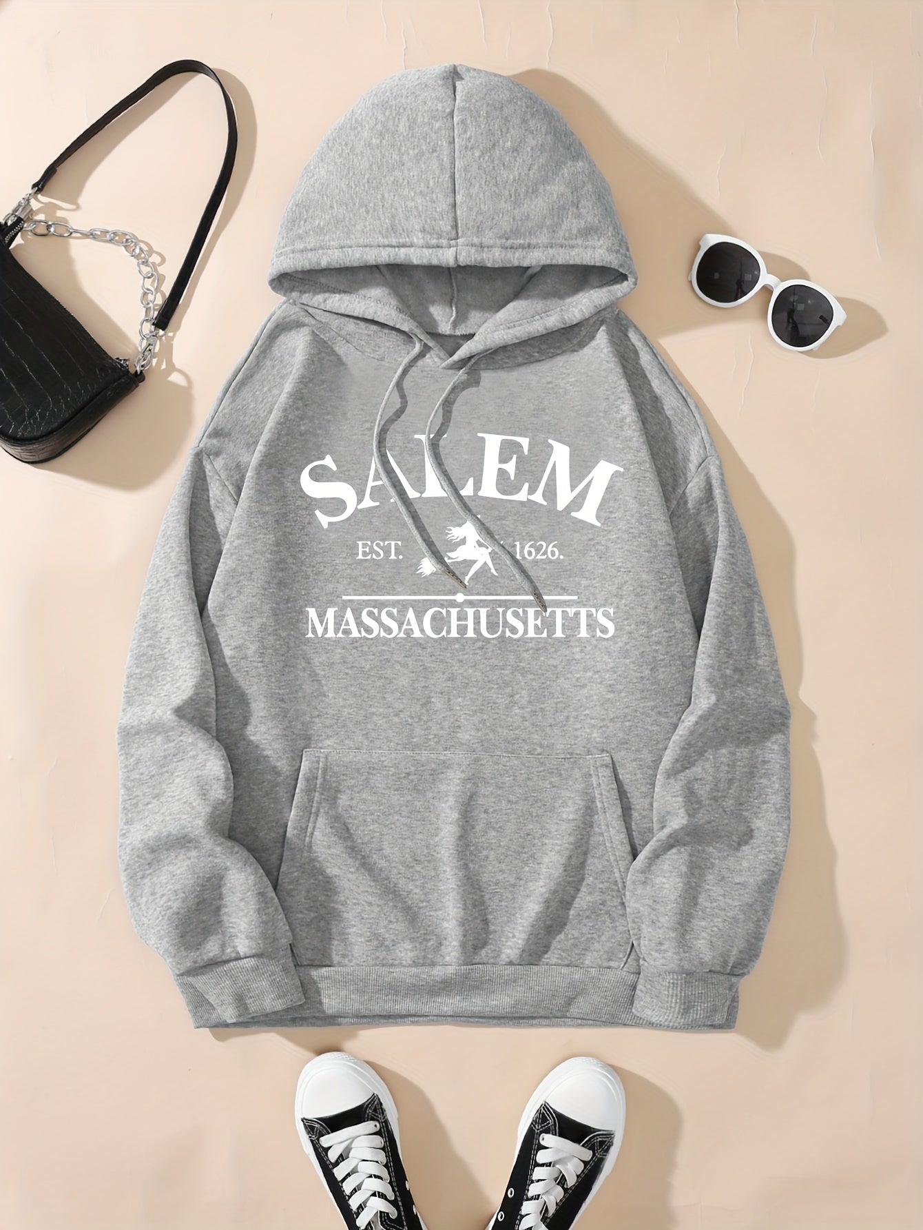 Halloween Flying Witch Print Hoodie, Vintage Drawstring Kangaroo Pocket Hoodies Sweatshirt, Women's Clothing