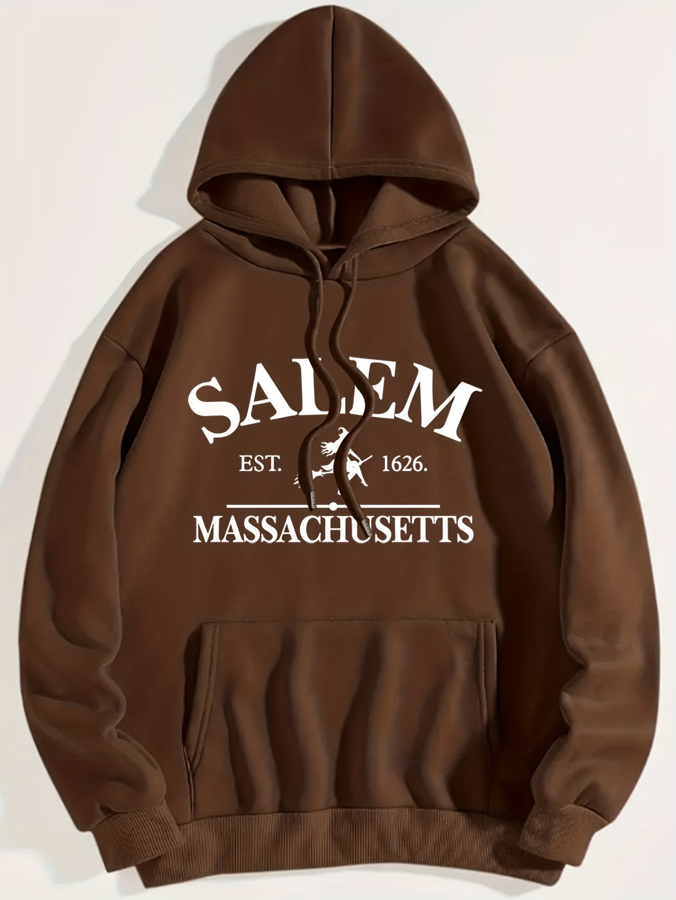 Halloween Flying Witch Print Hoodie, Vintage Drawstring Kangaroo Pocket Hoodies Sweatshirt, Women's Clothing