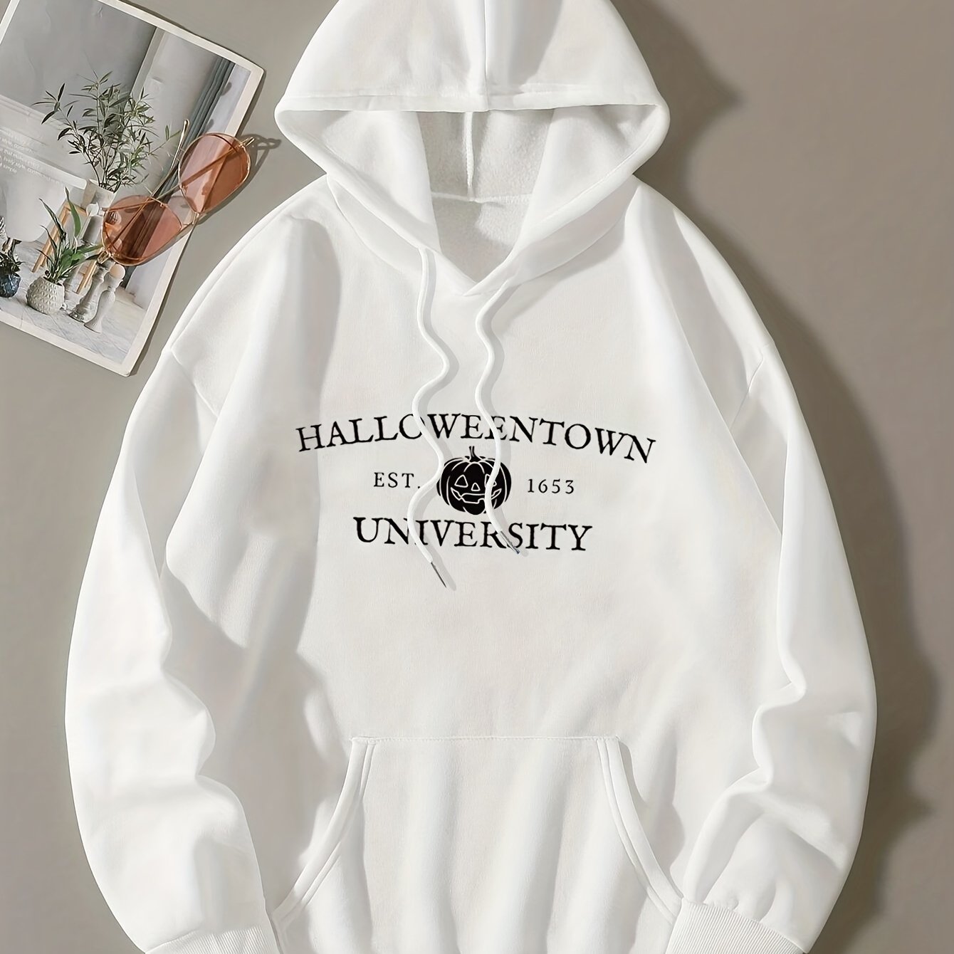 Halloween Pumpkin & Letter Print Hoodie, Vintage Drawstring Kangaroo Pocket Hoodies Sweatshirt, Women's Clothing