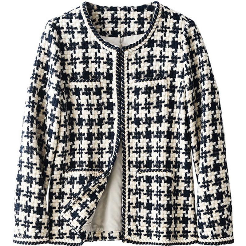 Women's Houndstooth Elegance Jacket – Round Neck, Casual Chic