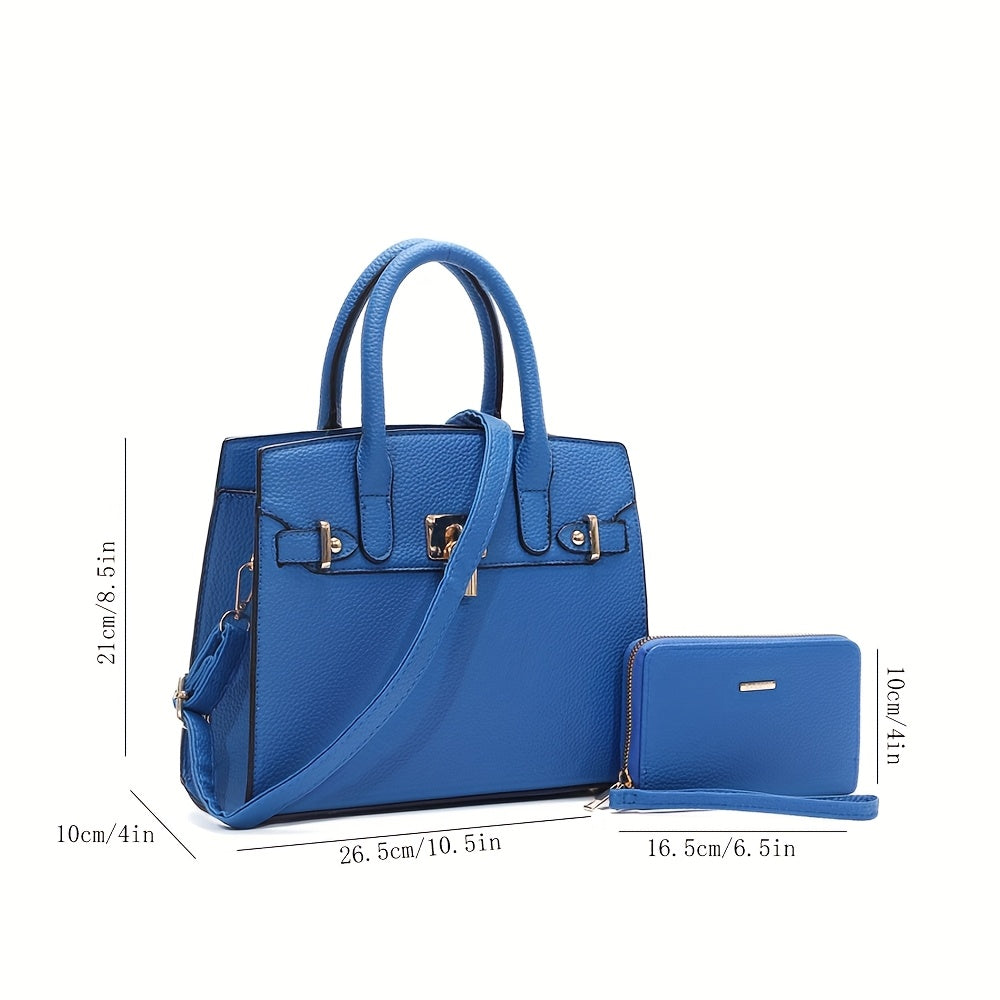 HJ Women's 2pcs Synthetic Handbag & Wallet Set - Solid Black Elegant Tote & Crossbody Work Bag with Golden-Tone Hardware, Adjustable Strap, Zipper Closure, Matching Wallet, Lining & Golden-Tone Hardware, Golden-Tone Hardware,