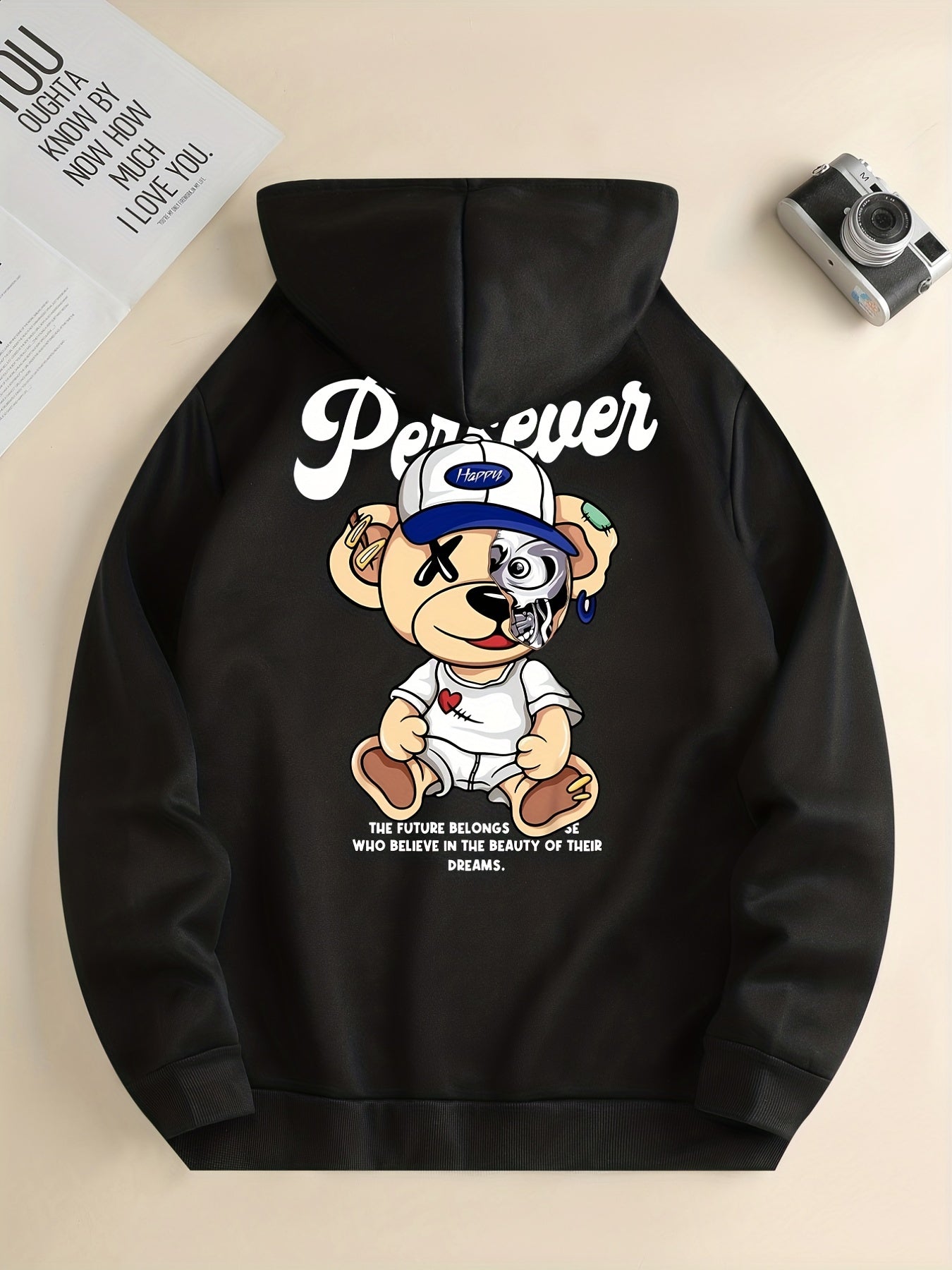 Cute Cartoon Bear With Hat Print Hoodie, Hoodies For Men, Men's Casual Graphic Design Pullover Hooded Sweatshirt With Kangaroo Pocket For Spring Fall, As Gifts