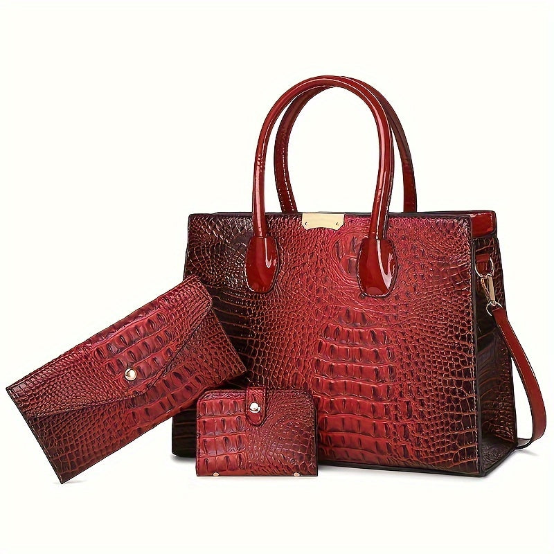 3pcs Stylish Tote Bag Set - Premium PU Leather Textured Shoulder Bags with Card Holder, Casual Versatile Commuter Bags for Women, Spacious and Durable, Perfect for Daily Use, Travel, and Work