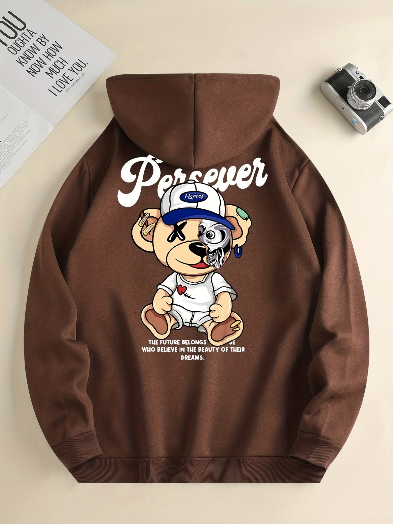 Cute Cartoon Bear With Hat Print Hoodie, Hoodies For Men, Men's Casual Graphic Design Pullover Hooded Sweatshirt With Kangaroo Pocket For Spring Fall, As Gifts